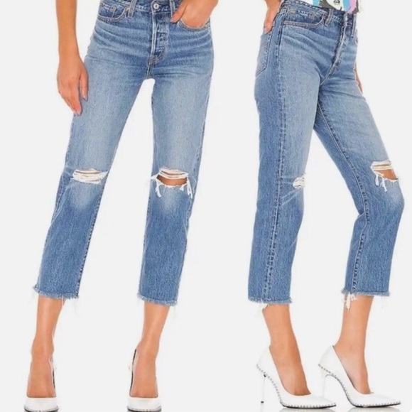 LEVIS Premium Big E Wedgie Straight High Rise Raw Crop Distressed Jeans - Picture 1 of 14